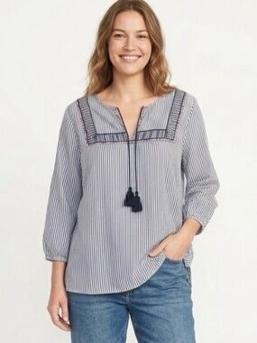 Old Navy Striped Embroidered Boho Tunic Blouse with Tassels - Size Large